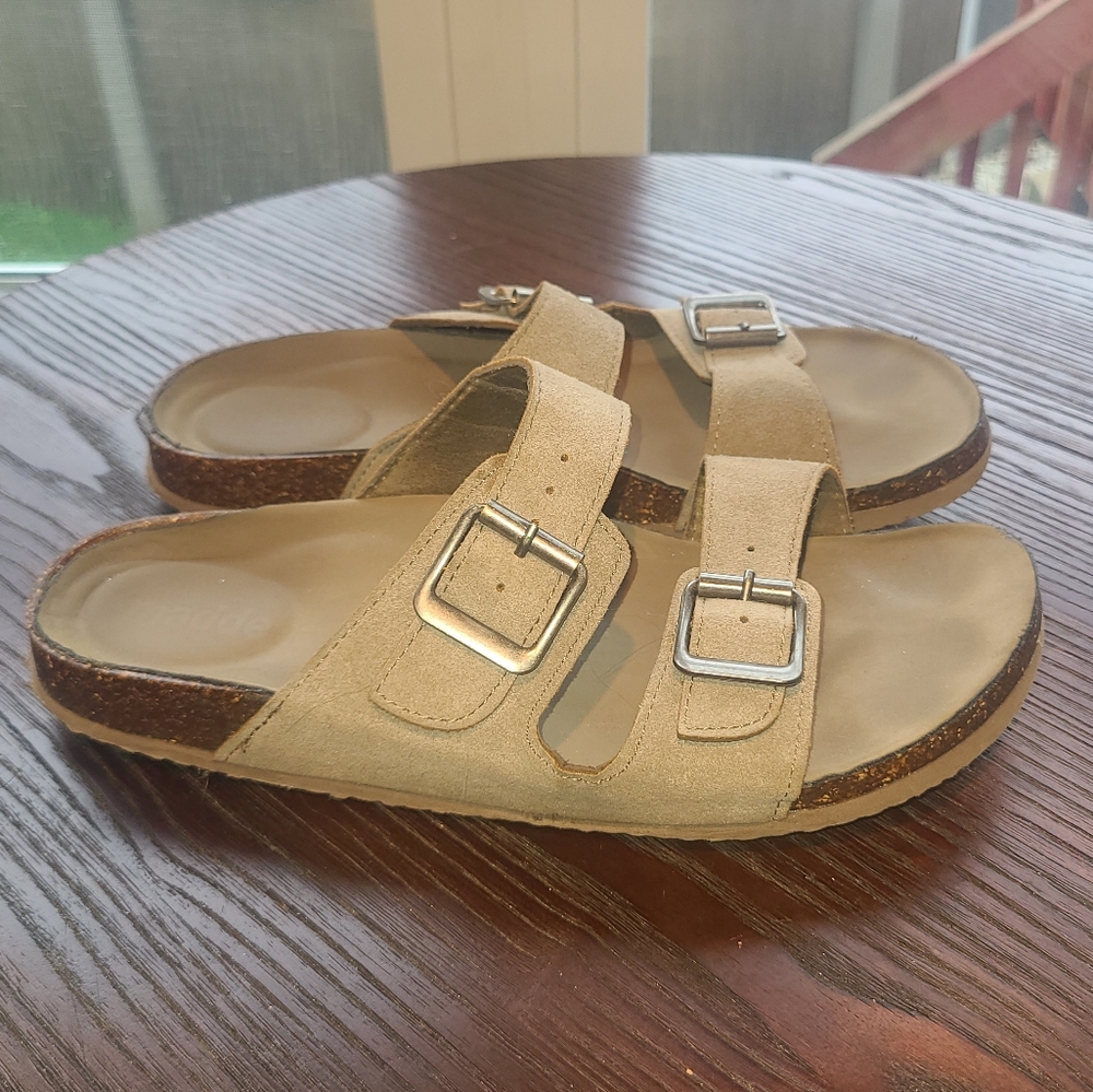 Women's Madden Beige Double Strap Sandals with Buckles
